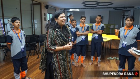 Mentor Richa Tiwari with students, Gujarat government-run Vernacular School, indian express