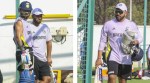 (LEFT) Virat Kohli with Rishabh Pant during the practice session on Tuesday; (RIGHT) Rohit Sharma walks to the nets ahead of first ODI cricket match between India and England at Nagpur. (PTI Photo)