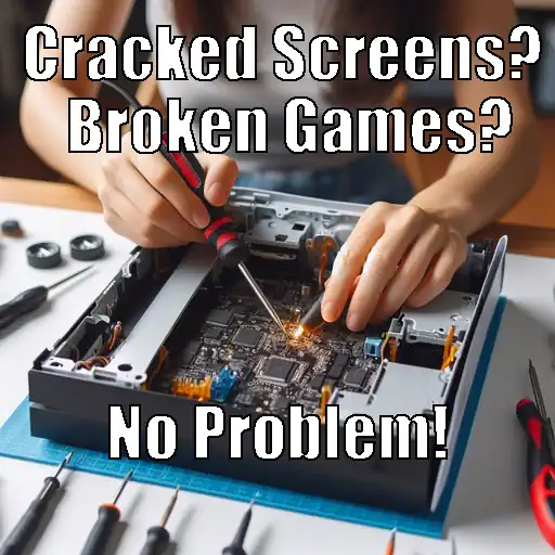 Image of a our Repair Technicians repairing a Playstation console with a soldering iron. Image overlayed with text: 'Cracked screens? Broken games? No problem!'