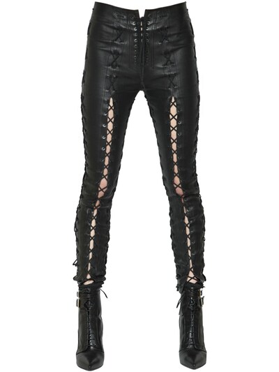 BEN TAVERNITI UNRAVEL PROJECT SKINNY LACE-UP STRETCH LEATHER PANTS, BLACK