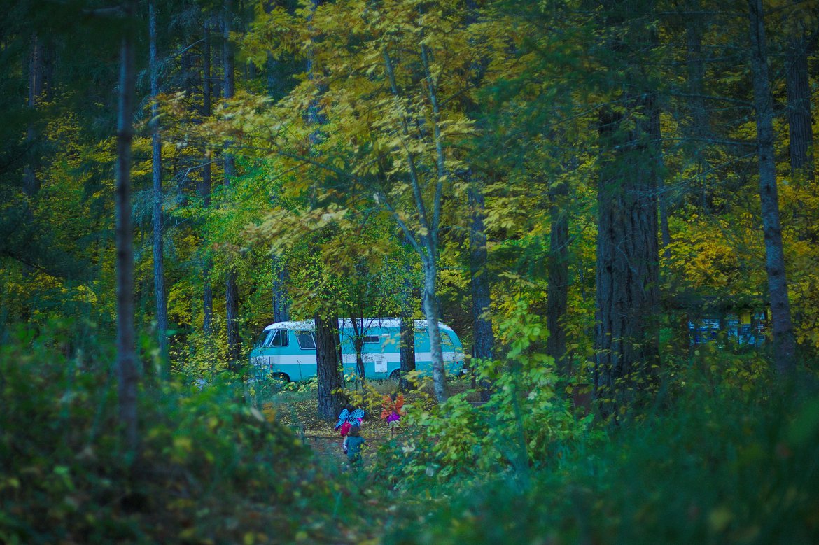 the bus through the trees. photographed by luxagraf