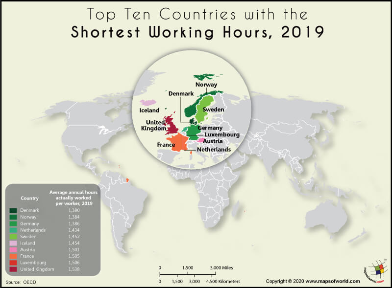 World Map Highlighting the Top 10 Countries with the Shortest Working Hours