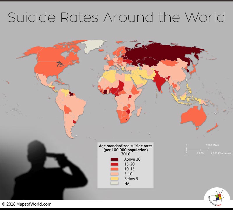 World Map depicting Suicide Rate in countries