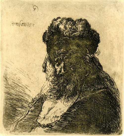 Rembrandt Etching, Old Bearded Man in a High Fur Cap, with Eyes Closed, c. 1635