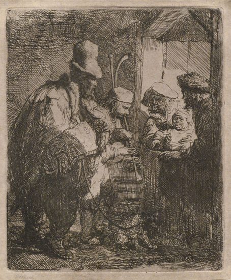 Rembrandt Etching, The Strolling Musicians, c. 1635