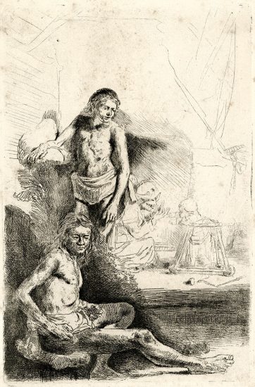 Rembrandt Etching, Nude Man Seated and Another Standing, with a Woman and Baby in the Background, c. 1646