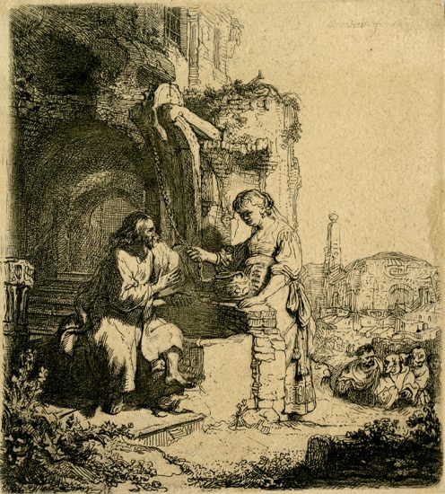 Rembrandt Etching, Christ and the Woman of Samaria, Among Ruins, 1634