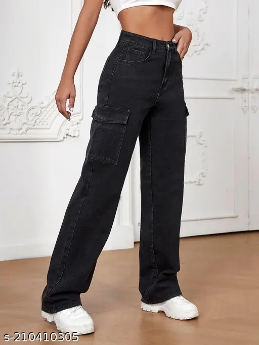 WOMEN LATEST STRAIGHT FIT WIDE LEG CARGO TROUSERS BY SKT SOLID HIGHRISE  CARGO JEANS