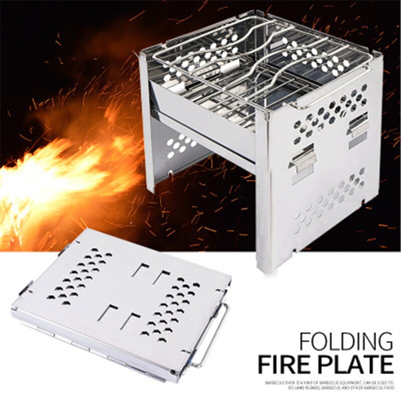 Mini Potable Outdoor Folding Fire Plate Campfire Wood Fire Stove Bracket Stainless Steel Windshield BBQ Grill for Camping Hiking