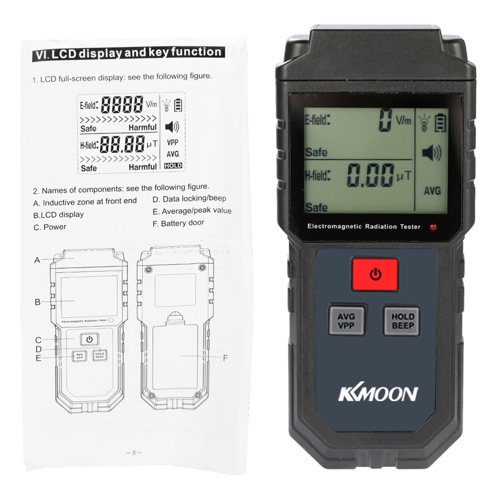 KKmoon Portable Electromagnetic Radiation Tester Handheld Digital LCD EMF Meter Electric Field Magnetic Field Dosimeter Detector