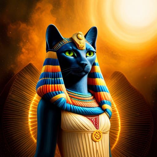 Bastet ancient Egyptian black cat goddess, wearing a sun disc crown ...