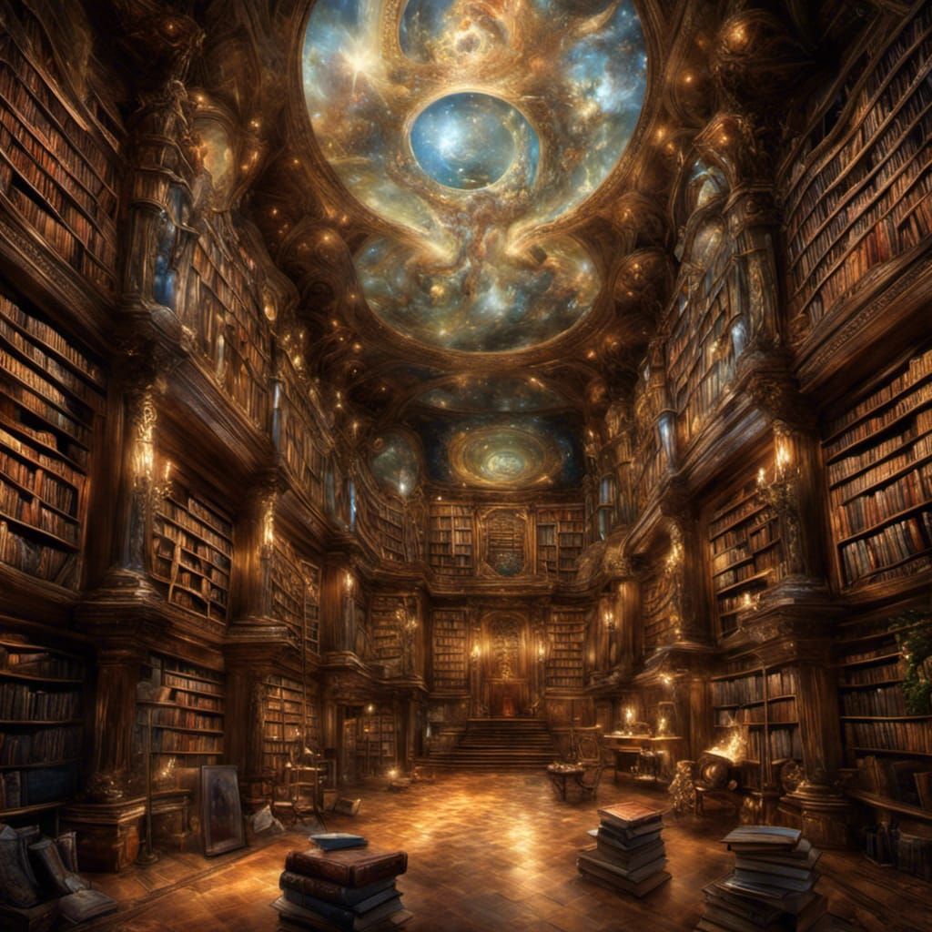 a beautiful fantastical library with magical glittering books ...