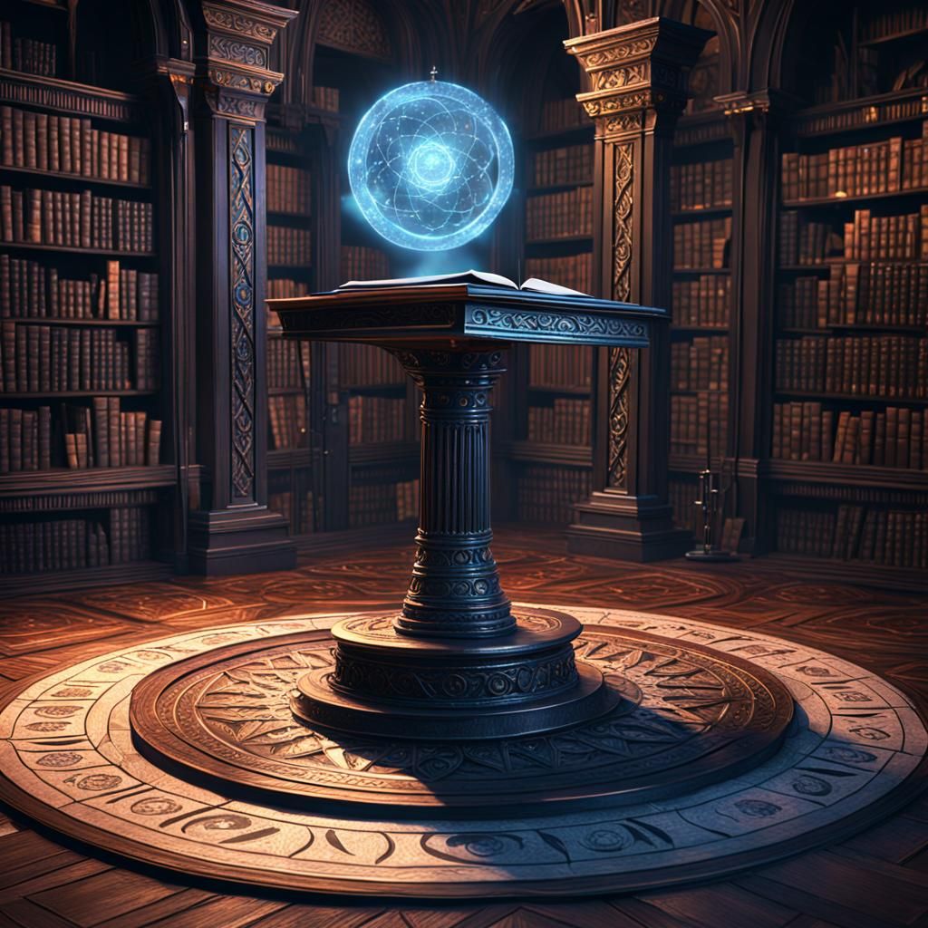 Grimoire open on a lectern. Magic circle on the floor. The setting is a ...