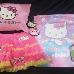 Hello Kitty Lot of 6: Skirt girls size 12, towel, reviserible pillow/lovey, beaded purse, tin, &lite