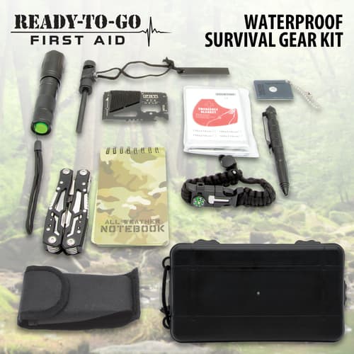 The Ready to Go Survival Gear Gear Kit is shown with all of its components.