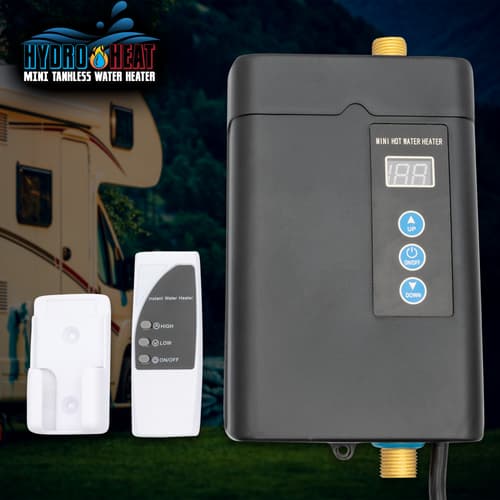 The portable mini tankless water heater and remote.