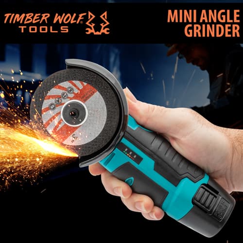 The Timber Wolf Tools Mini Angle Grinder is shown in hand with sparks flying off the grinder.