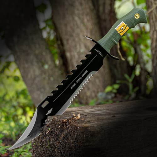 USMC Marine Recon Sawback Survival Giant Fixed Blade Bowie Knife - Durable Nylon Belt Sheath - Green Handle Black Blade Stainless Steel