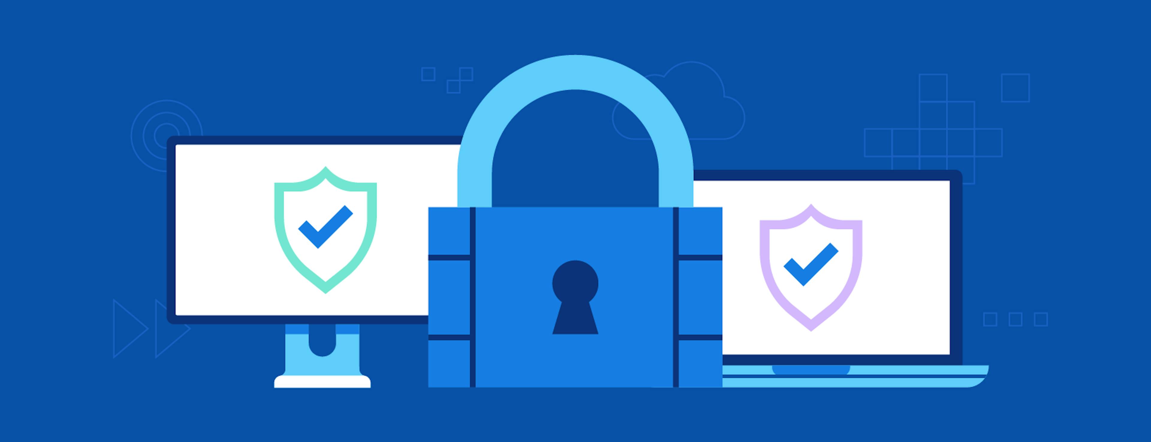 Illustrations of a lock, computer desktop, and laptop in front of a dark blue background depicting a strong security posture. 