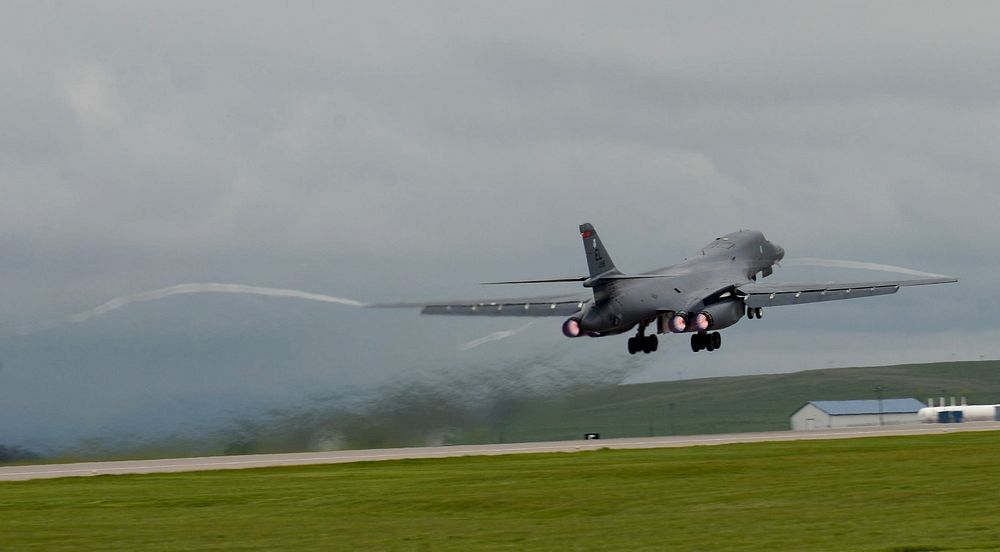 A U.S. Air Force B-1 bomber takes off as a part of the Combat Hammer exercise at Ellsworth Air Force Base, S.D., May 10…