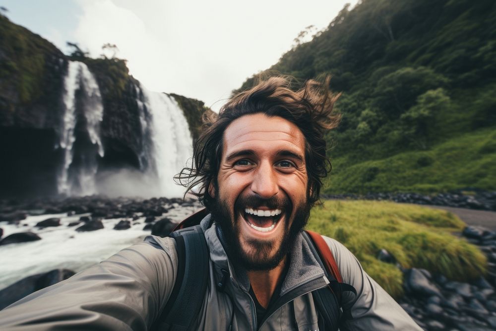 Waterfall tourist selfie portrait. 