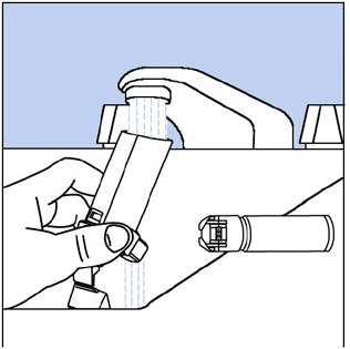 Clean your inhaler at least 1 time each week. You may not
see any medicine build-up on the inhaler, but it is important to keep it clean
so medicine build-up will not block the spray - Illustration