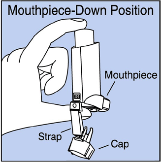 Hold the inhaler with the mouthpiece down
and shake it well - Illustration