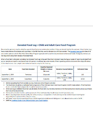 Child and Adult Care Food Program Log