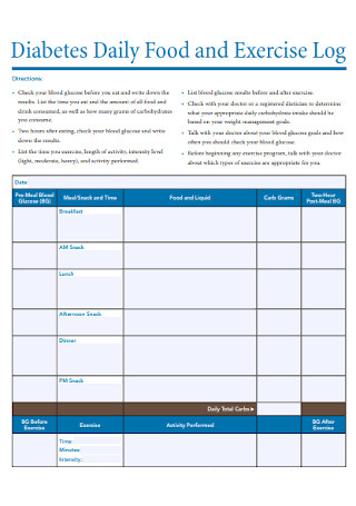 Diabetes Daily Food and Exercise Log