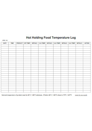 Hot Holding Food Temperature Log