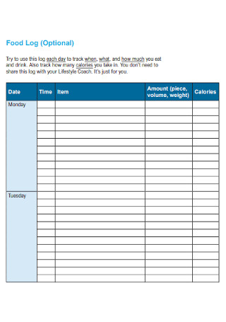 Sample Food Optional Log