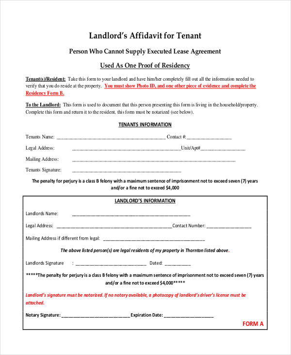 Rental Affidavit Form