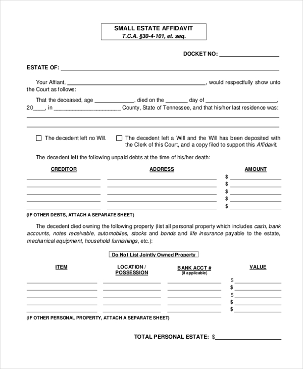 free small estate affidavit form