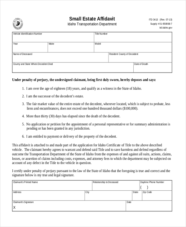 transporation small estate affidavit form