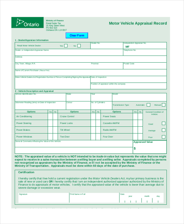 motor vehicle appraisal form