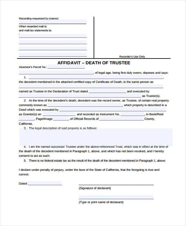 affidavit of death of trustee form1