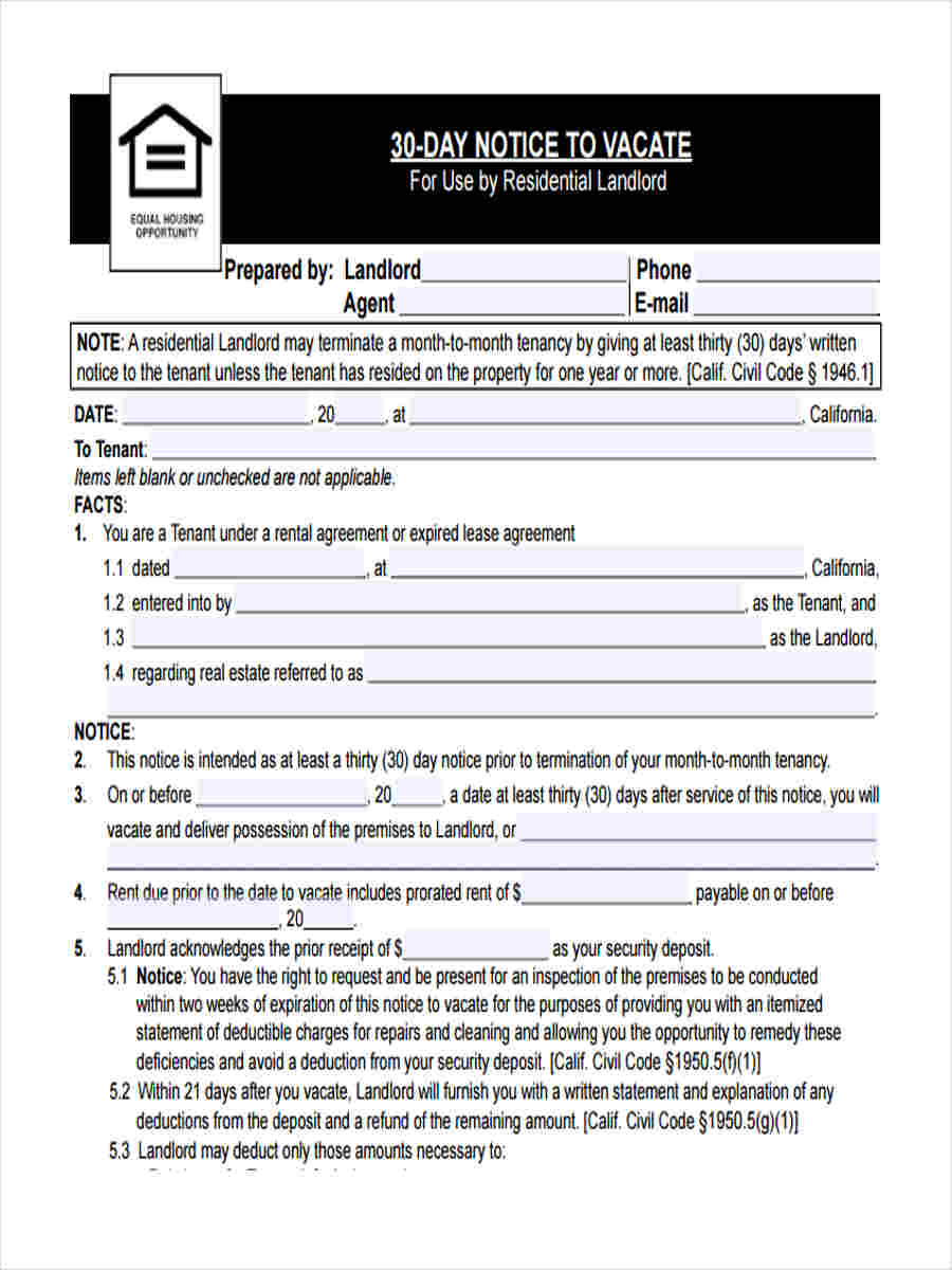 landlord 30 day notice to vacate