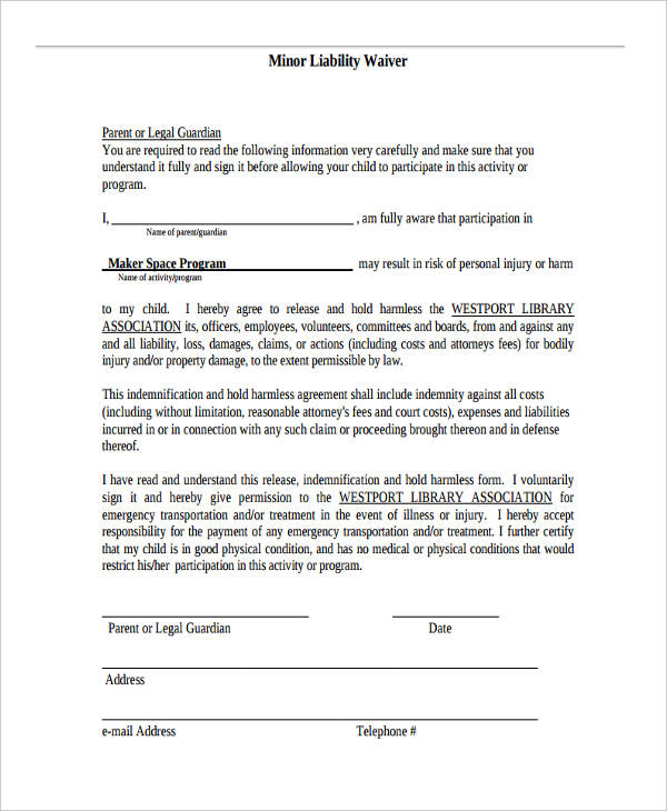 Printable Waiver Of Liability Form