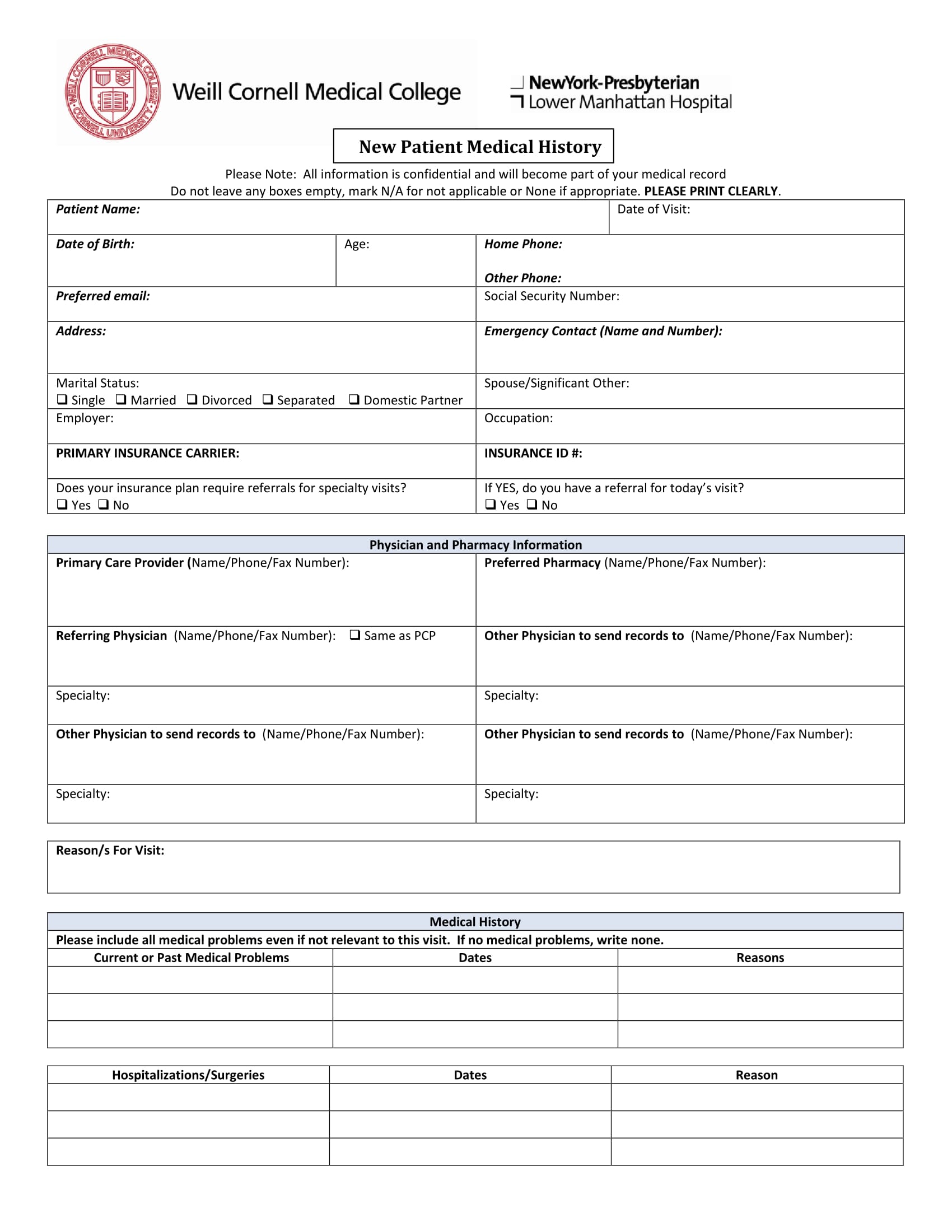 New Patient Medical History Form Template