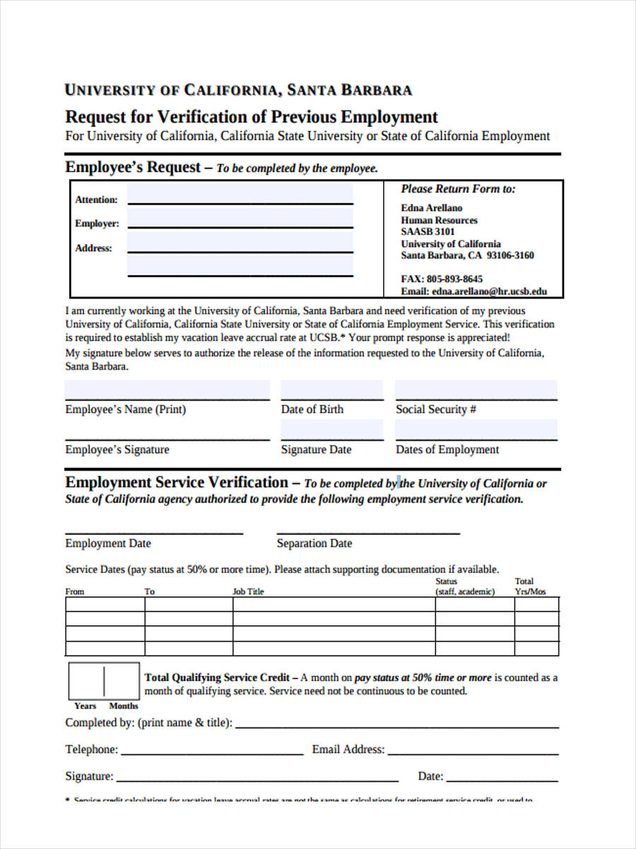 previous employment verification form