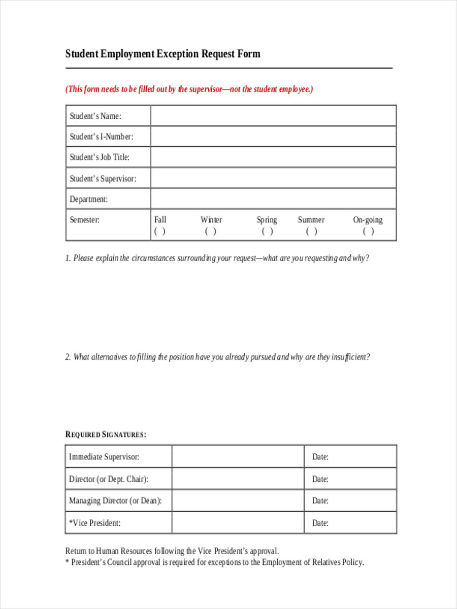 student employment exception request