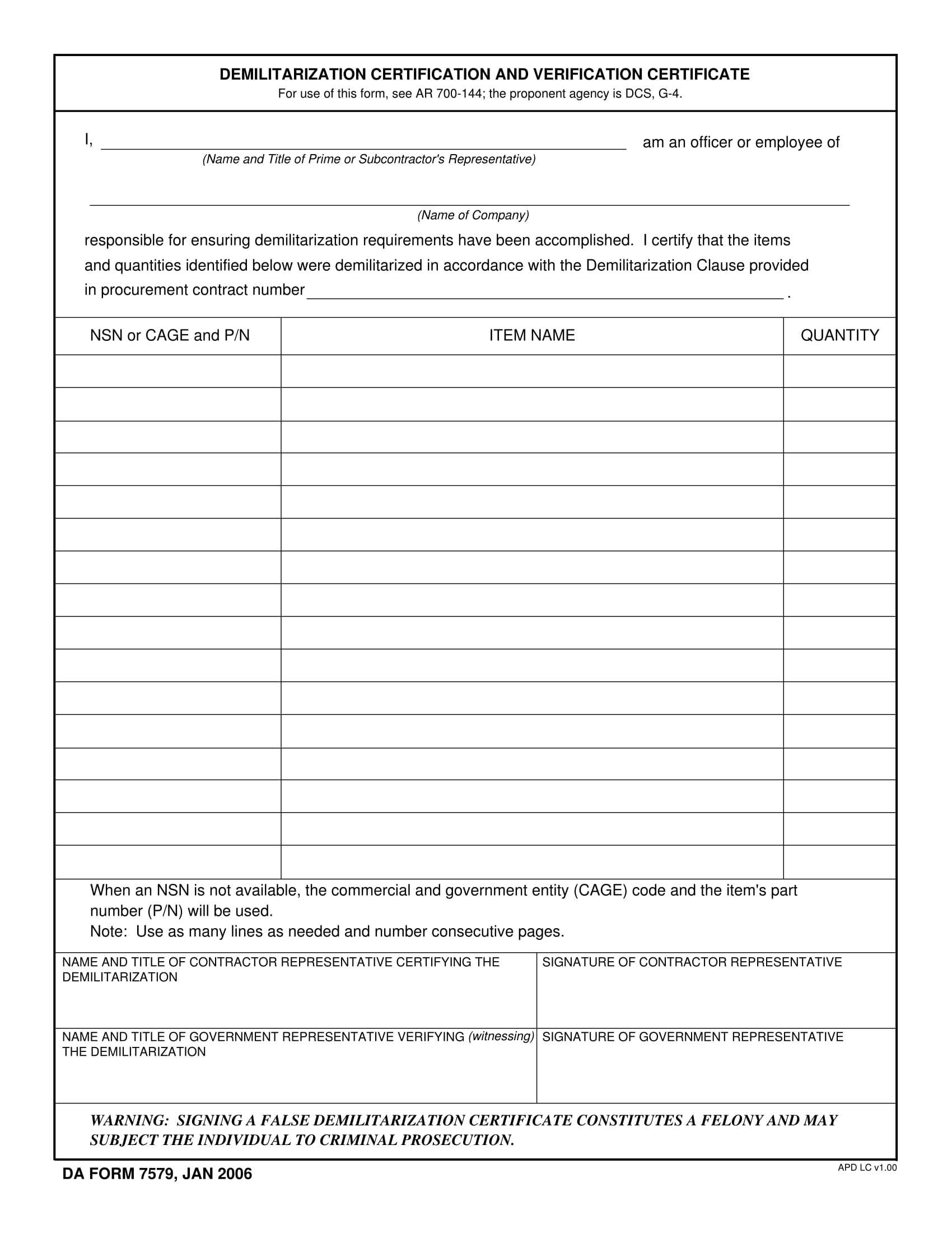 demilitarization verification certificate form 1