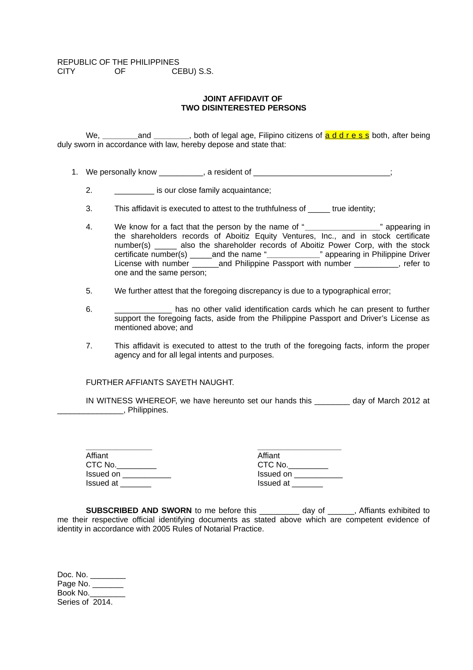 Affidavit Statement Template