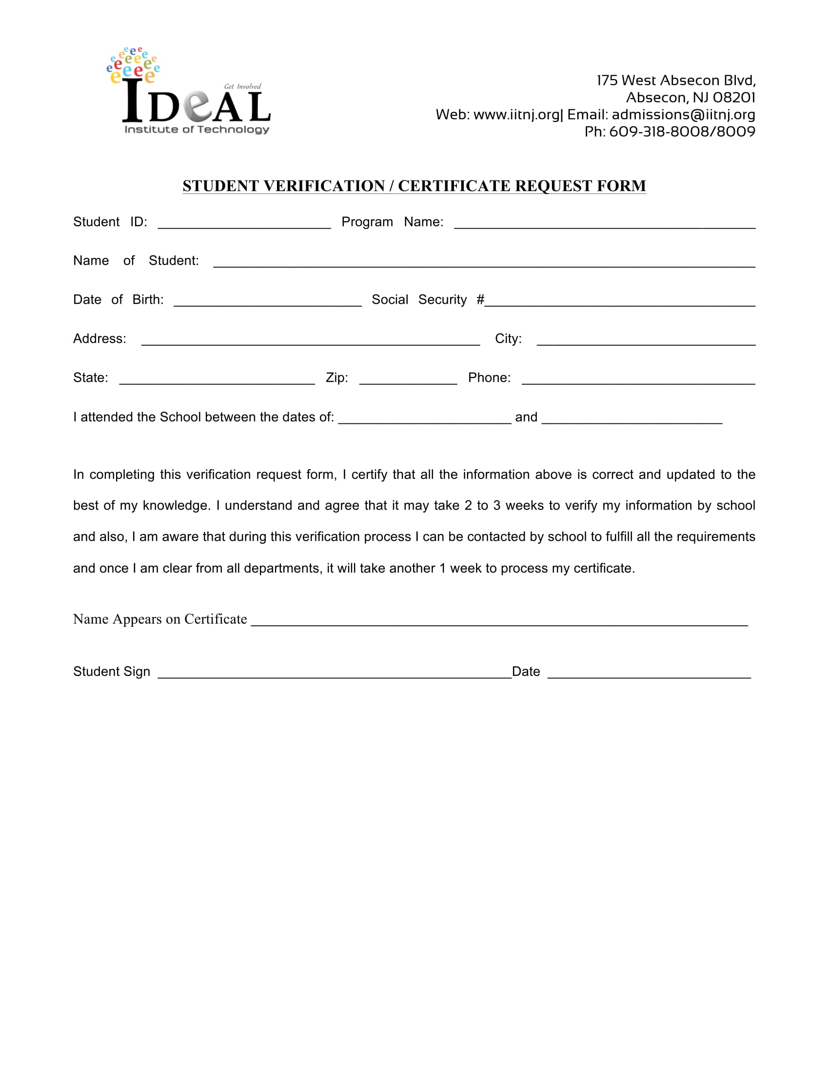 student verification certificate form 1