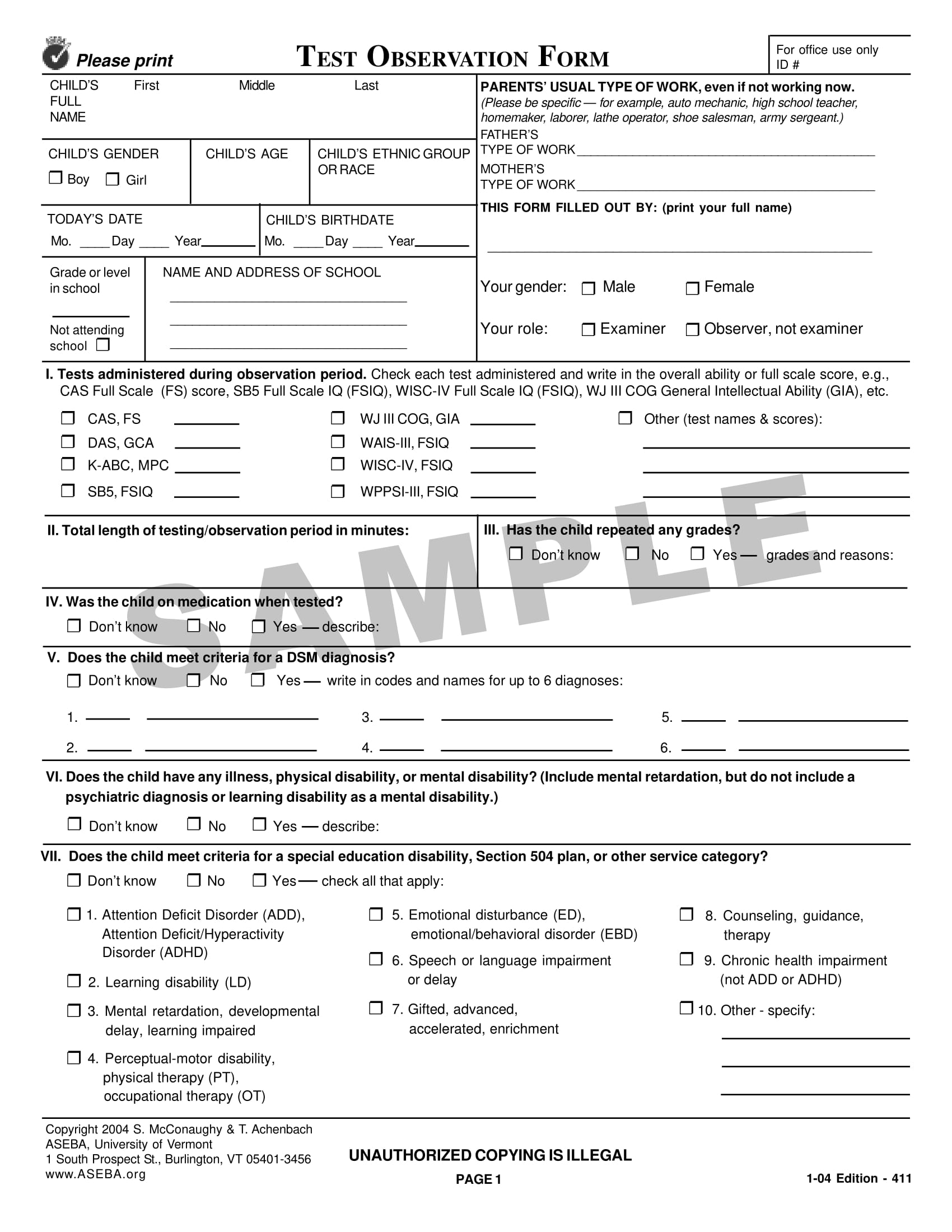 Child Observation Form Printables