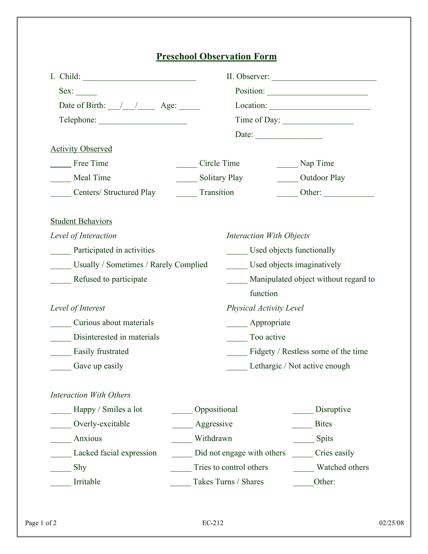 Printable Observation Template Early Childhood - Templates Printable ...