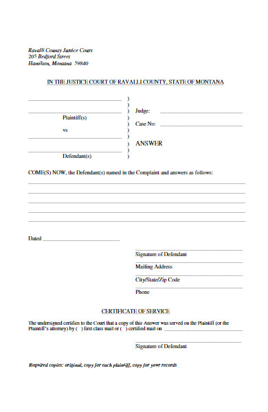 civil complaint answer form