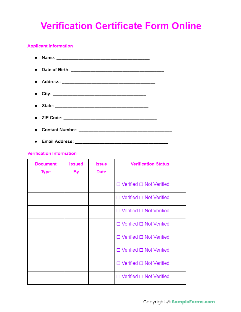 verification certificate form online