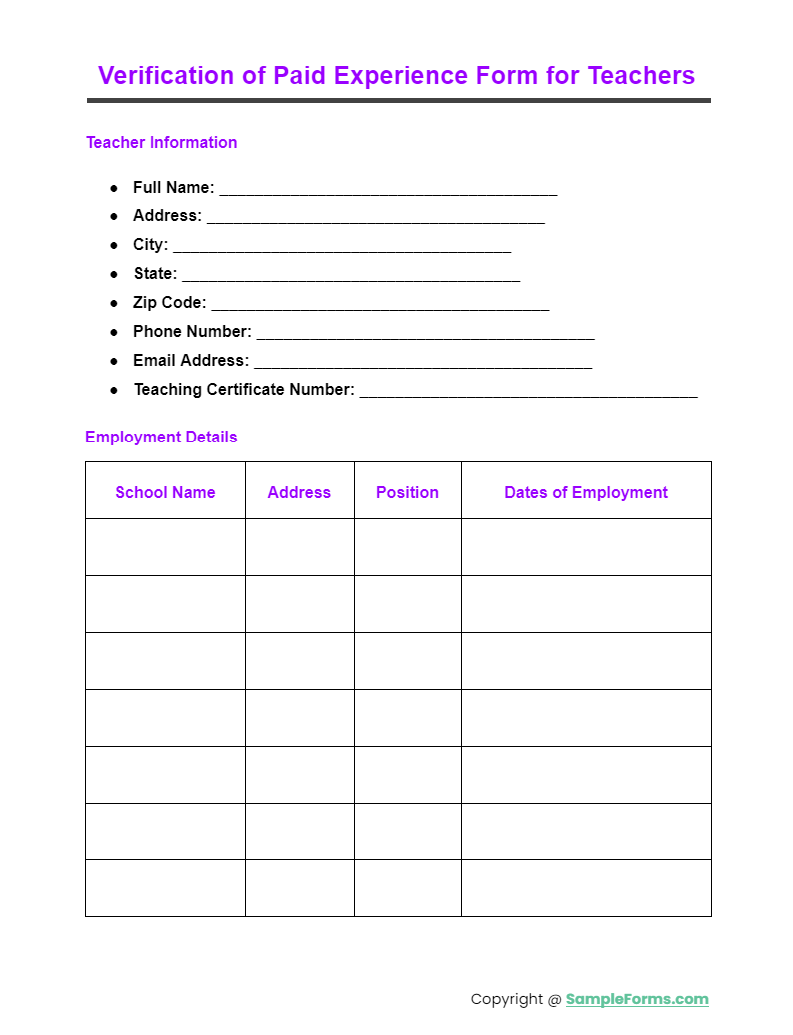 verification of paid experience form for teachers