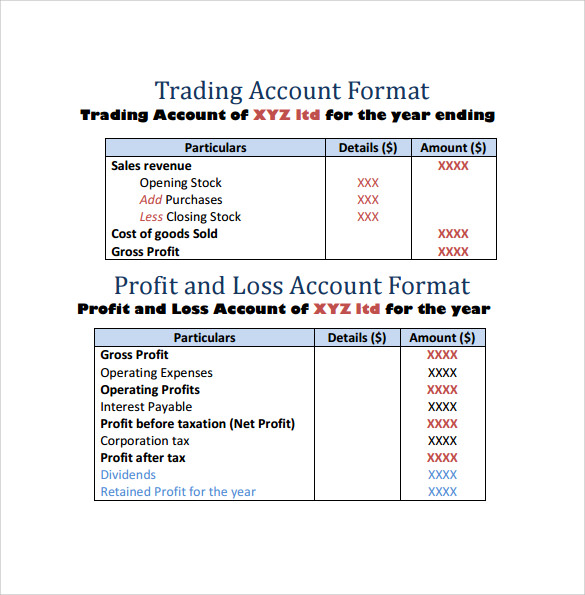 format of profit and loss account template